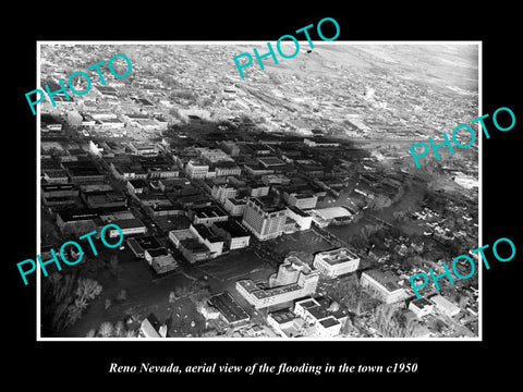 OLD LARGE HISTORIC PHOTO OF RENO NEVADA, AERIAL VIEW OF TOWN FLOODING c1950