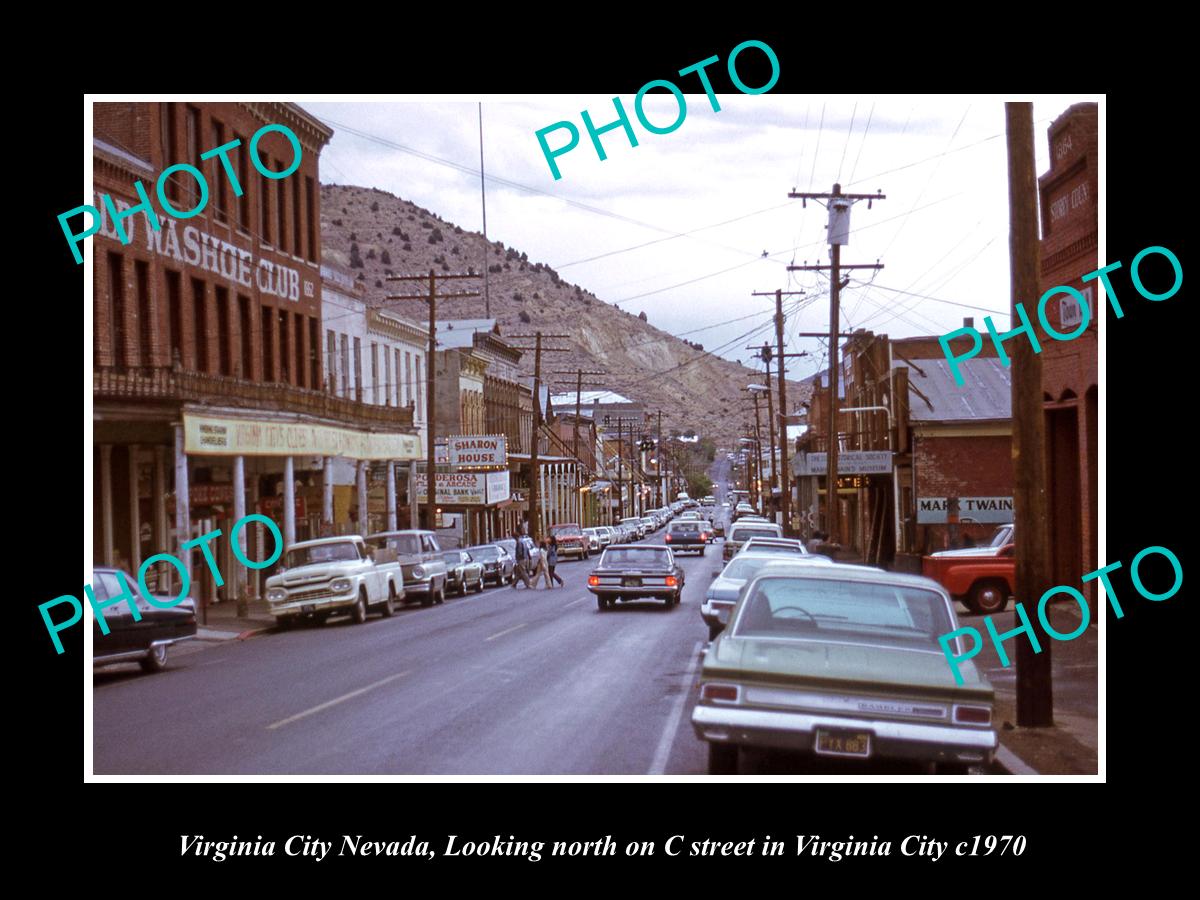 OLD LARGE HISTORIC PHOTO OF VIRGINIA CITY NEVADA, VIEW OF C STREET & STORES 1970