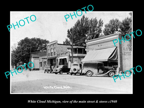 OLD LARGE HISTORIC PHOTO OF WHITE CLOUD MICHIGAN, THE MAIN St & STORES c1940