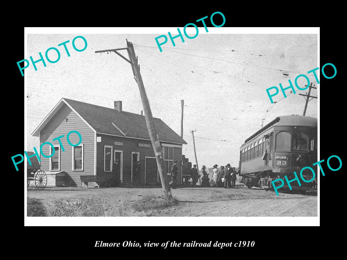 OLD LARGE HISTORIC PHOTO ELMORE OHIO, VIEW OF THE RAILROAD TRAIN DEPOT c1910