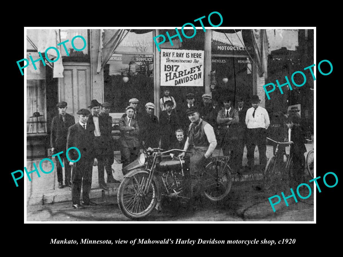 OLD HISTORIC PHOTO OF MANKATO MINNESOTA HARLEY DAVIDSON MOTORCYCLE SHOP c1920