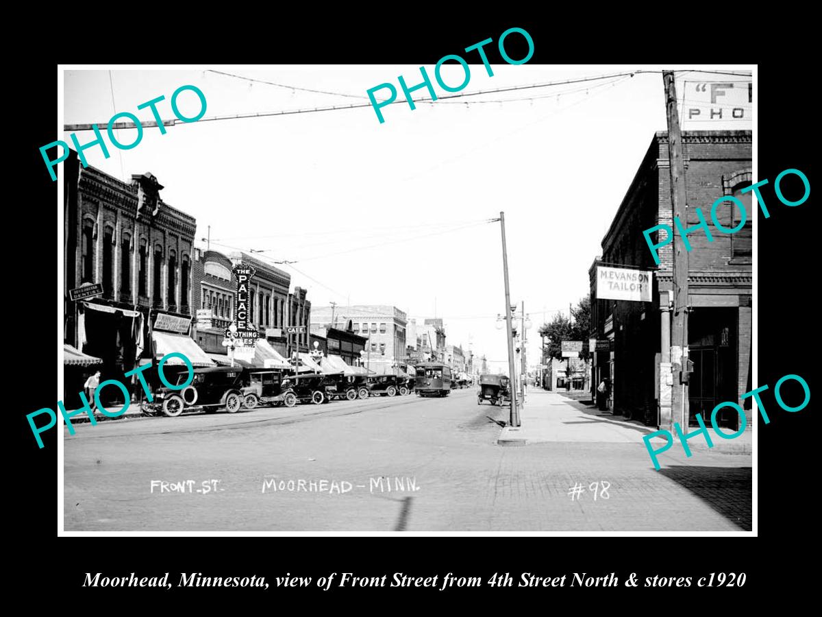 OLD LARGE HISTORIC PHOTO OF MOORHEAD MINNESOTA, VIEW OF FRONT St & STORES c1920