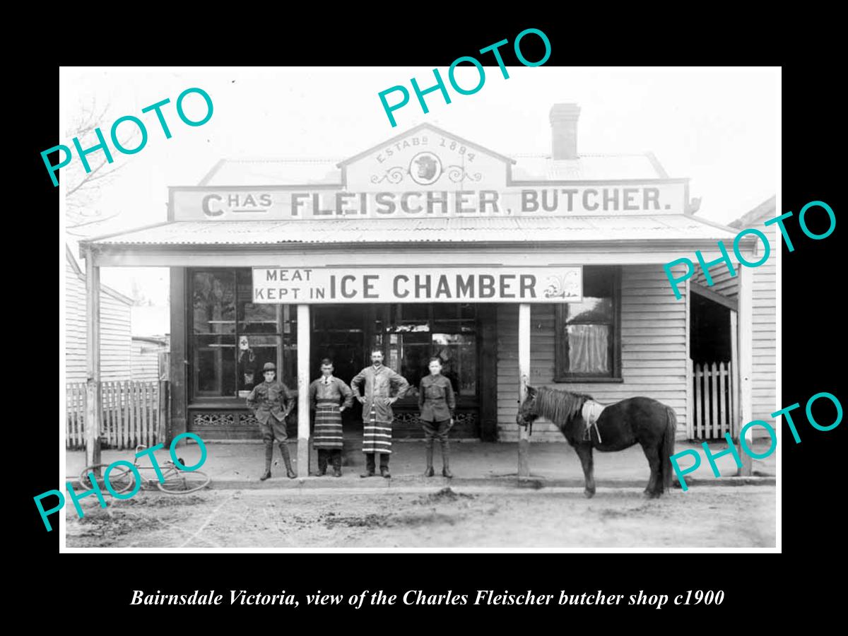 OLD LARGE HISTORIC PHOTO OF BAIRNSDALE VICTORIA, THE FLEISCHER BUTCHER SHOP 1900