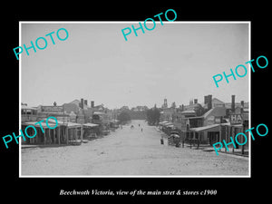 OLD LARGE HISTORIC PHOTO OF BEECHWORTH VICTORIA, THE MAIN STREET & STORES c1900