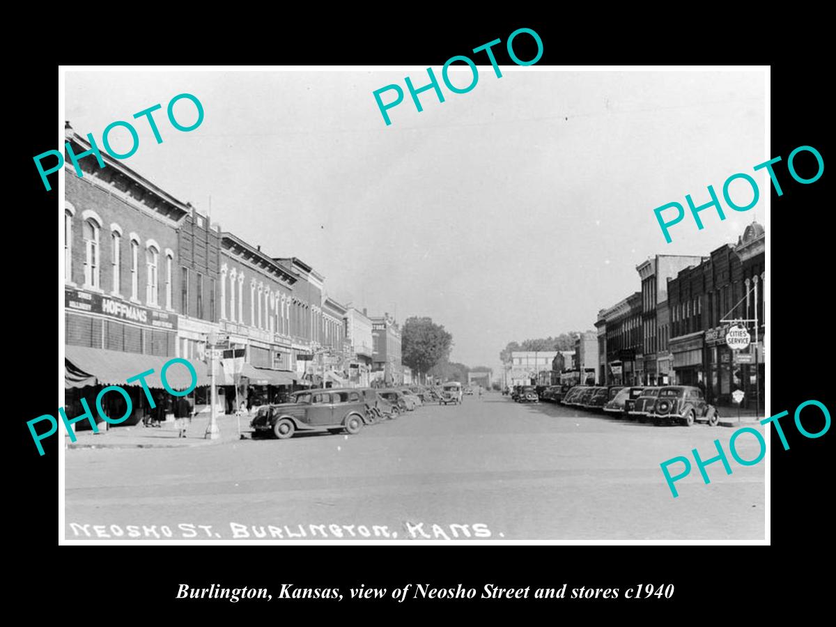 OLD LARGE HISTORIC PHOTO OF BURLINGTON KANSAS, THE MAIN STREET & STORES c1940