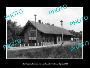 OLD LARGE HISTORIC PHOTO OF BURLINGTON KANSAS, THE MKT RAILROAD STATION c1950