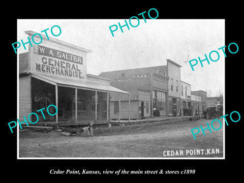 OLD LARGE HISTORIC PHOTO OF CEDAR POINT KANSAS, THE MAIN St & STORES c1890