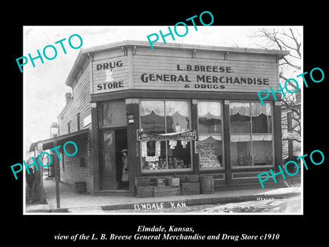 OLD LARGE HISTORIC PHOTO OF ELMDALE KANSAS, THE GENERAL & DRUG STORE c1910