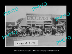 OLD LARGE HISTORIC PHOTO OF HILLSBORO KANSAS, THE KLASSEN FORD MOTOR GARAGE 1911