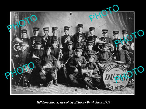 OLD LARGE HISTORIC PHOTO OF HILLSBORO KANSAS, THE DUTCH BRASS BAND c1910