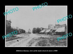 OLD LARGE HISTORIC PHOTO OF HILLSBORO KANSAS, THE MAIN STREET & STORES c1900