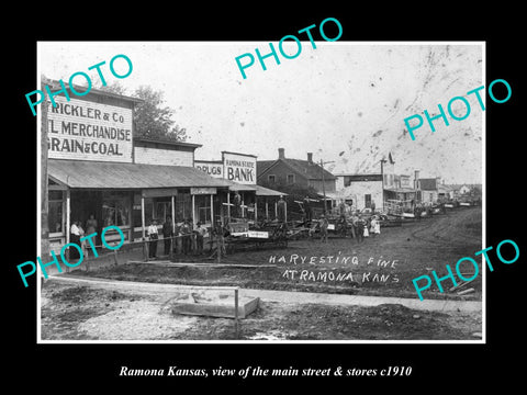 OLD LARGE HISTORIC PHOTO OF RAMONA KANSAS, THE MAIN STREET & STORES c1910