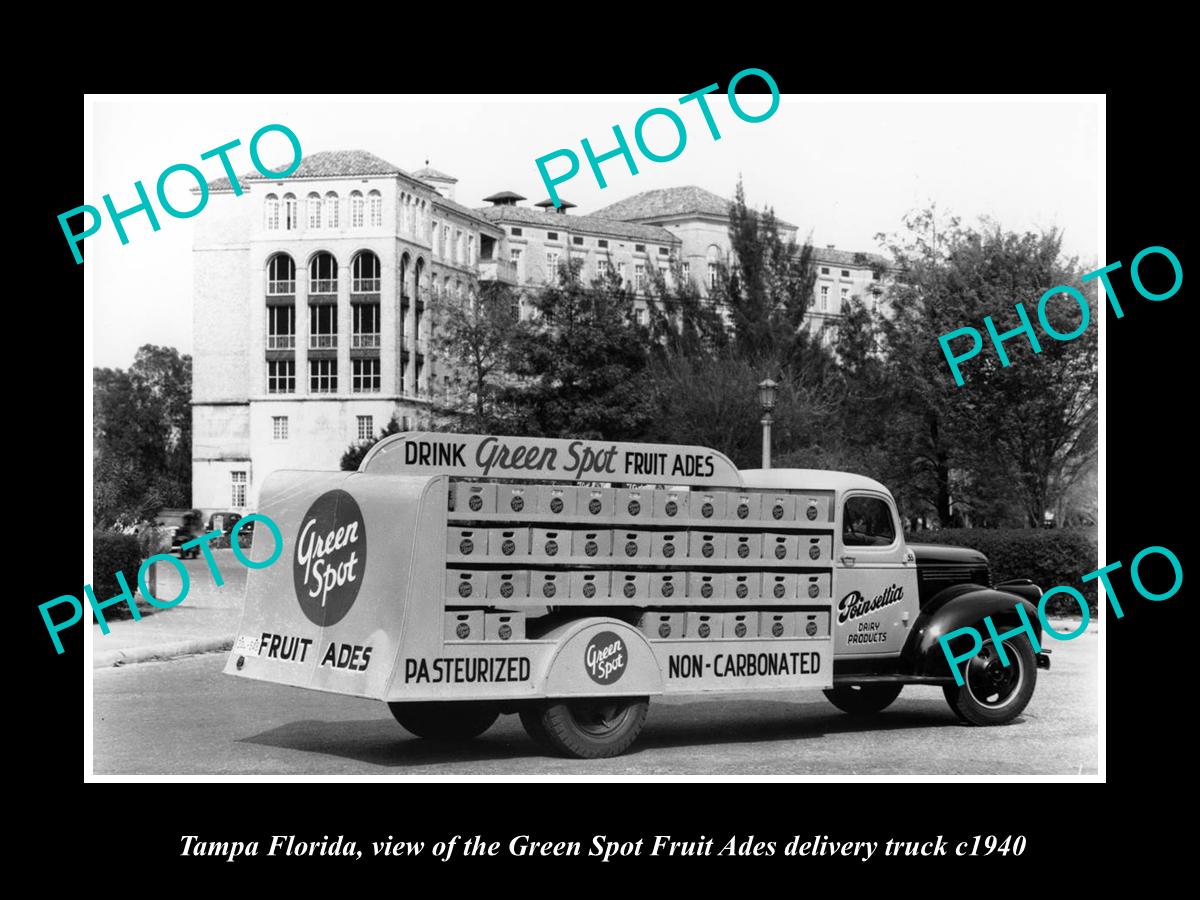 OLD LARGE HISTORIC PHOTO OF TAMPA FLORIDA, THE GREEN SPOT DRINKS TRUCK c1940