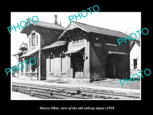 OLD LARGE HISTORIC PHOTO SHREVE OHIO, VIEW OF THE RAILROAD TRAIN DEPOT c1910