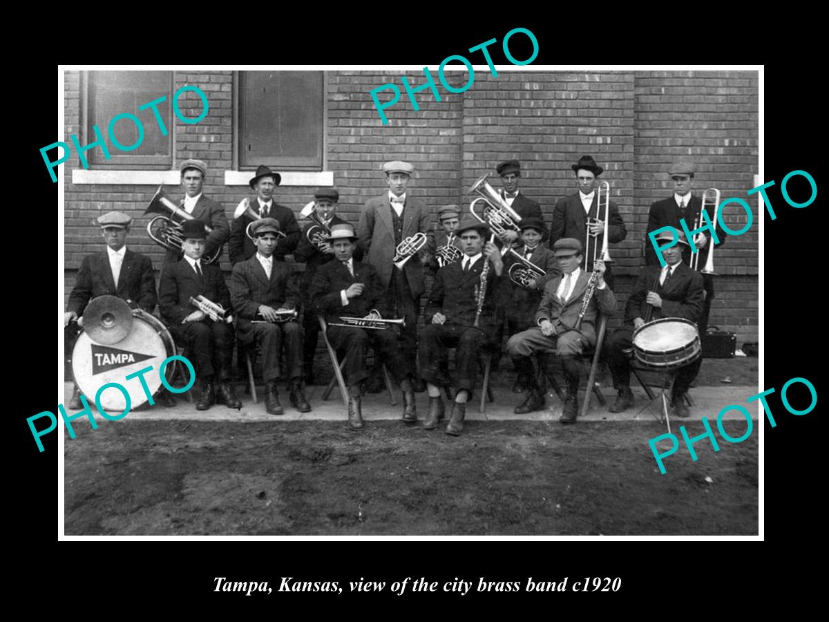 OLD LARGE HISTORIC PHOTO OF TAMPA KANSAS, THE TAMPA CITY BRASS BAND c1920