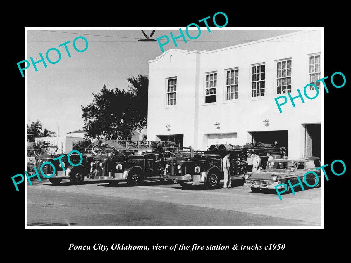 OLD LARGE HISTORIC PHOTO OF PONCA CITY OKLAHOMA, THE FIRE STATION & TRUCKS c1950