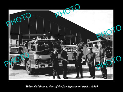 OLD LARGE HISTORIC PHOTO OF YUKON OKLAHOMA, THE FIRE DEPARTMENT TRUCKS c1960