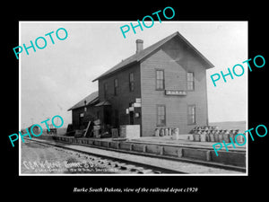 OLD LARGE HISTORIC PHOTO OF BURKE SOUTH DAKOTA, VIEW OF THE RAILROAD DEPOT c1920