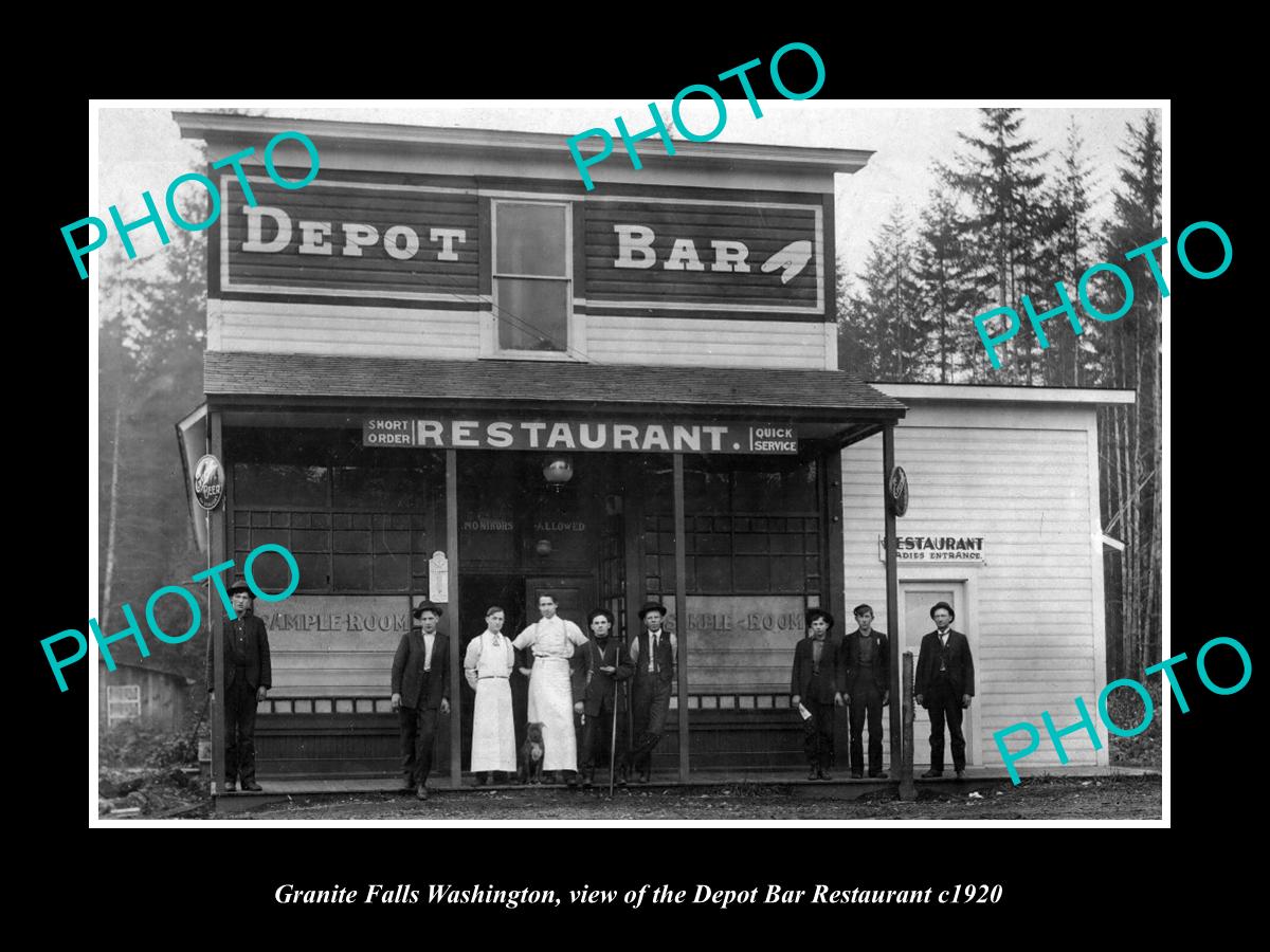 OLD LARGE HISTORIC PHOTO OF GRANITE FALLS WASHINGTON, THE DEPOT RESTAURANT c1920