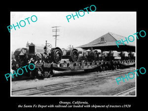 OLD LARGE HISTORIC PHOTO OF ORANGE CALIFORNIA, RAILROAD DEPOT & TRACTORS c1920