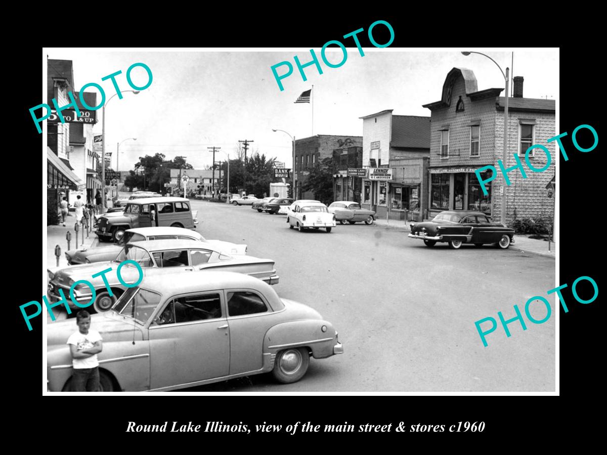 OLD LARGE HISTORIC PHOTO OF ROUND LAKE ILLINOIS, THE MAIN STREET & STORES c1960