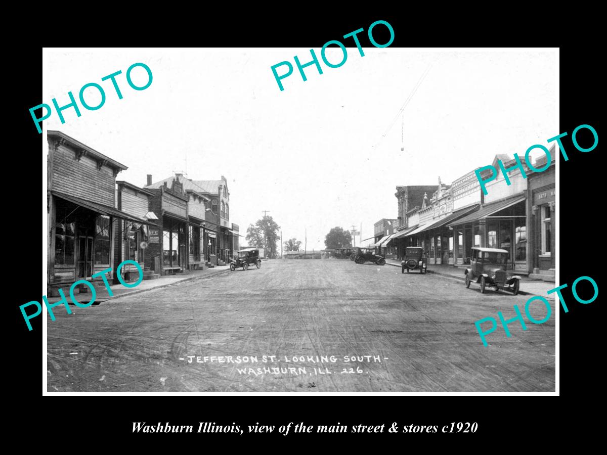 OLD LARGE HISTORIC PHOTO OF WASHBURN ILLINOIS, THE MAIN STREET & STORES c1920 1