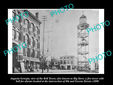 OLD LARGE HISTORIC PHOTO AUGUSTA GEORGIA, VIEW OF THE FIRE TOWER, GREENE St 1890