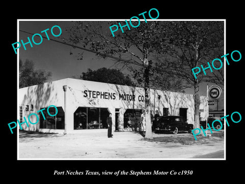 OLD LARGE HISTORIC PHOTO OF PORT NECHES TEXAS, THE STEPHENS MOTOR Co GARAGE 1950