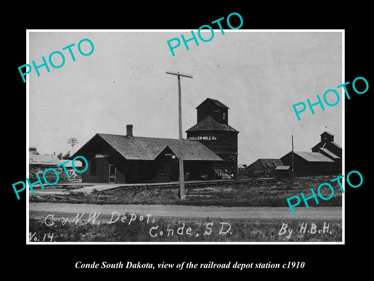 OLD LARGE HISTORIC PHOTO OF CONDE SOUTH DAKOTA, RAILROAD DEPOT STATION c1910