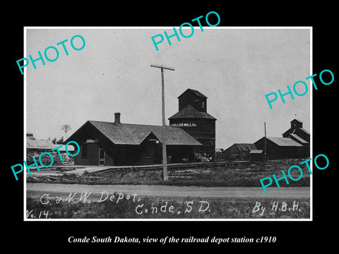 OLD LARGE HISTORIC PHOTO OF CONDE SOUTH DAKOTA, RAILROAD DEPOT STATION c1910