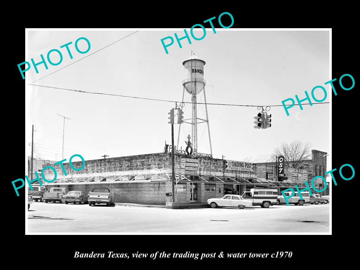 OLD LARGE HISTORIC PHOTO OF BANDERA TEXAS, THE TRADING POST & WATER TOWER c1970