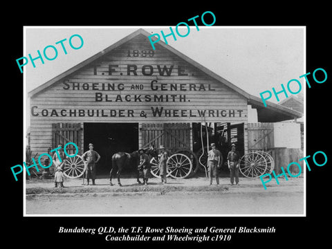 OLD LARGE HISTORIC PHOTO OF BUNDABERG QLD, THE ROWE BLACKSMITH WORKS c1910