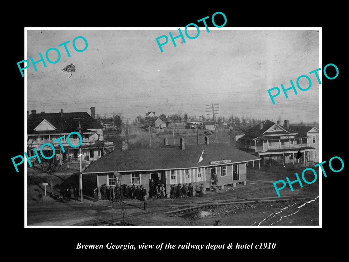 OLD LARGE HISTORIC PHOTO BREMEN GEORGIA, VIEW OF RAILROAD DEPOT & HOTEL c1910