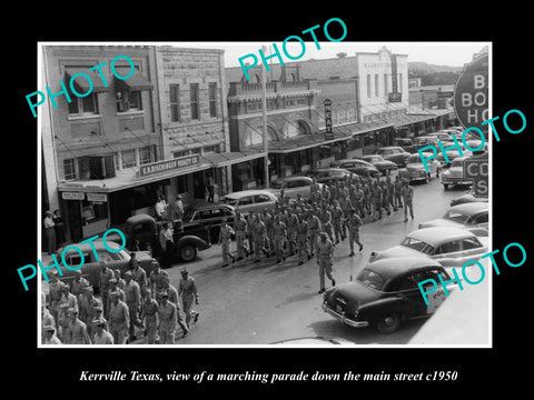 OLD LARGE HISTORIC PHOTO OF KERRVILLE TEXAS, MAIN STREET MARCHING PARADE c1950