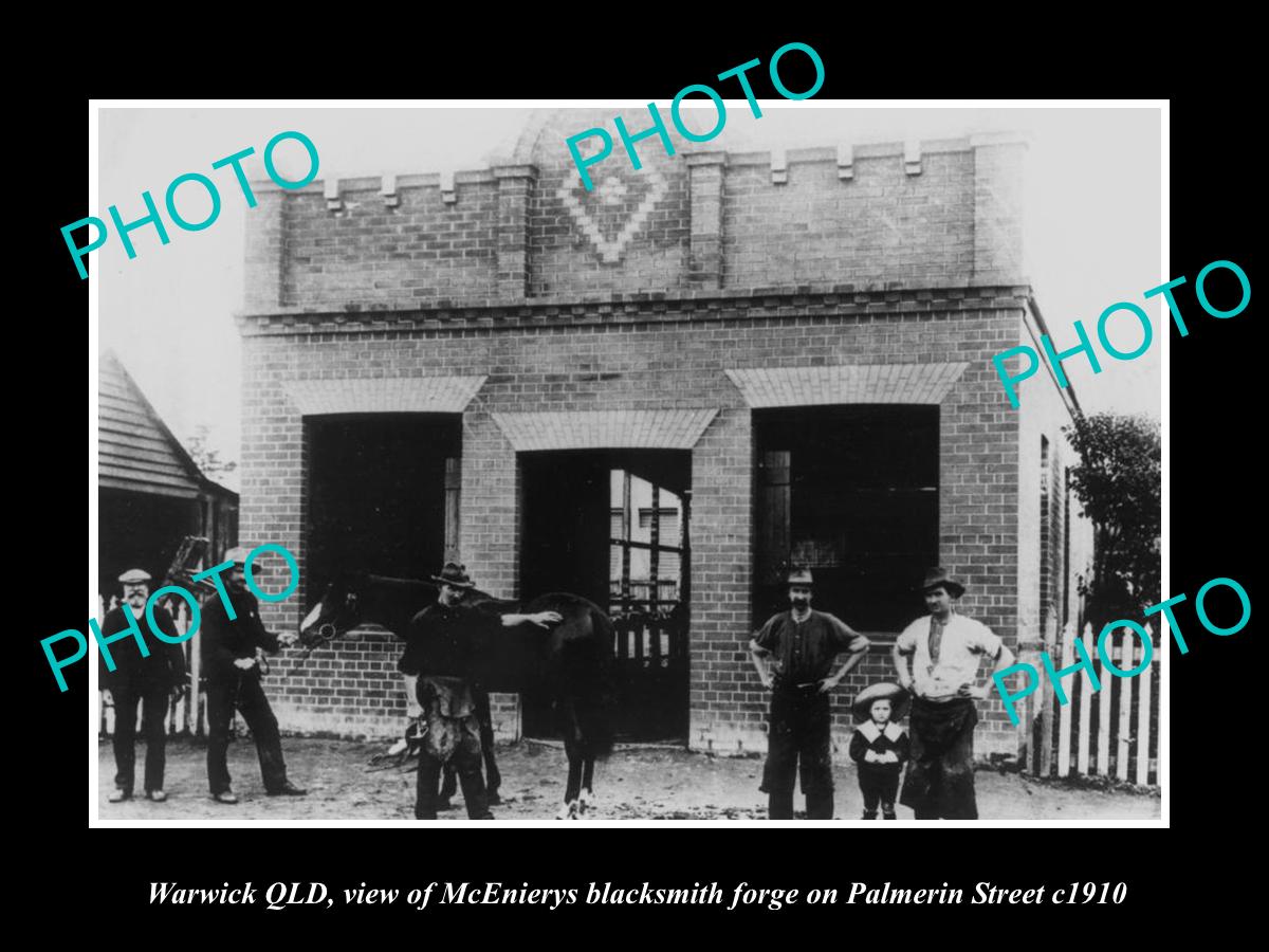 OLD LARGE HISTORIC PHOTO OF WARWICK QLD, THE McENIERYS BLACKSMITH FORGE c1910