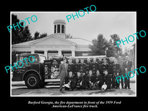 OLD HISTORIC PHOTO BURFORD GEORGIA, FIRE CREW & AMERICAN LAFRANCE TRUCK 1959