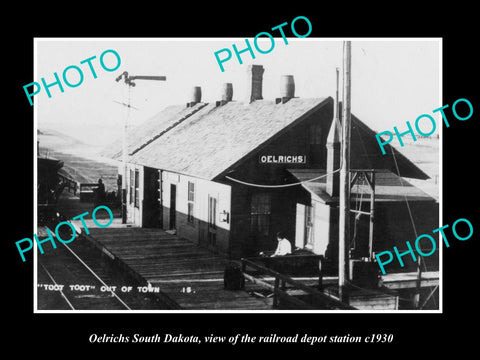 OLD LARGE HISTORIC PHOTO OF OELRICHS SOUTH DAKOTA RAILROAD DEPOT STATION c1930