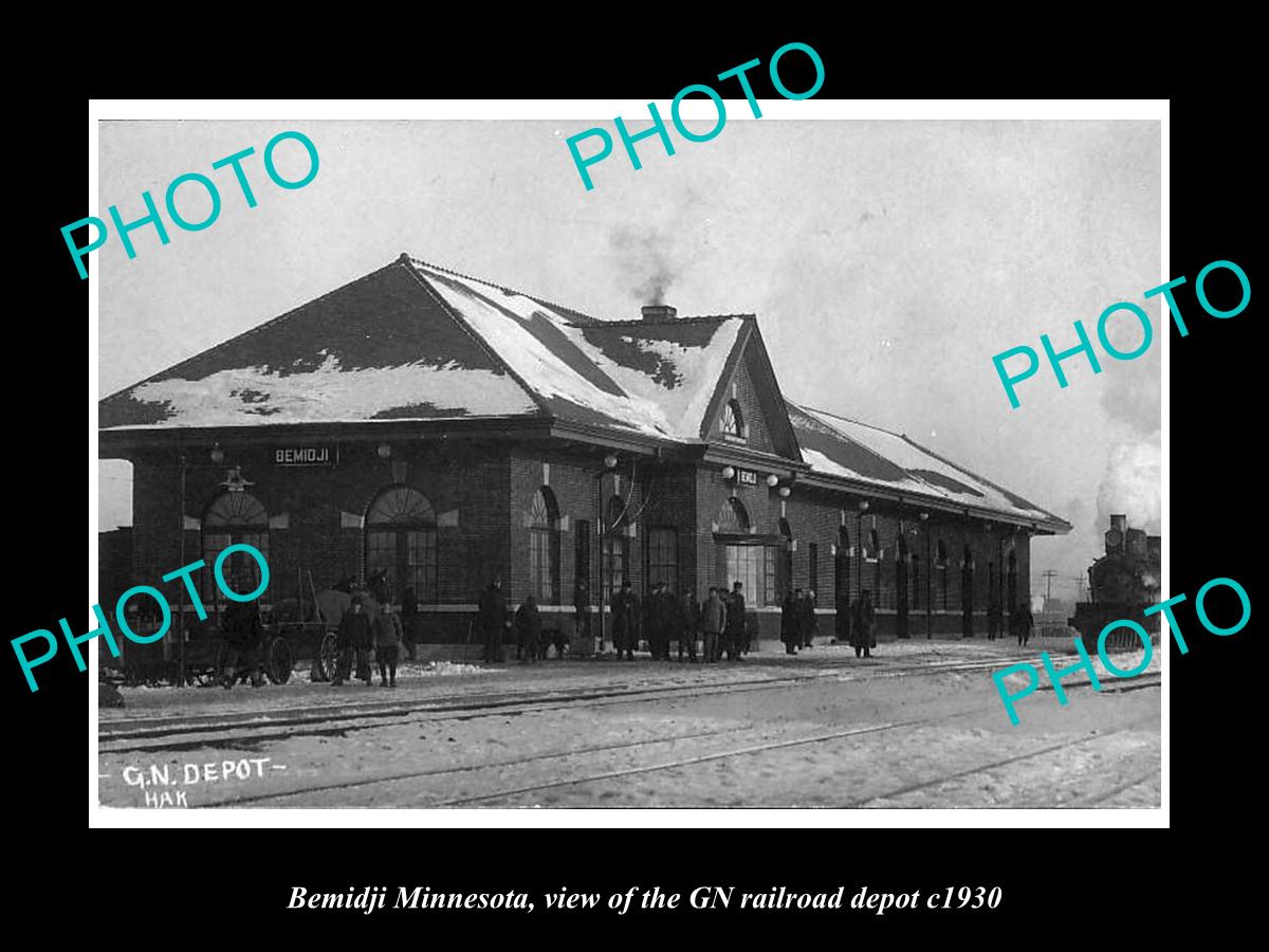 OLD LARGE HISTORIC PHOTO OF BEMIDJI MINNESOTA, VIEW OF THE RAILROAD DEPOT c1930