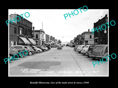 OLD LARGE HISTORIC PHOTO OF BEMIDJI MINNESOTA, THE MAIN STREET & STORES c1940