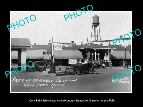 OLD LARGE HISTORIC PHOTO OF CASS LAKE MINNESOTA, THE GAS STATION & W/TOWER c1920