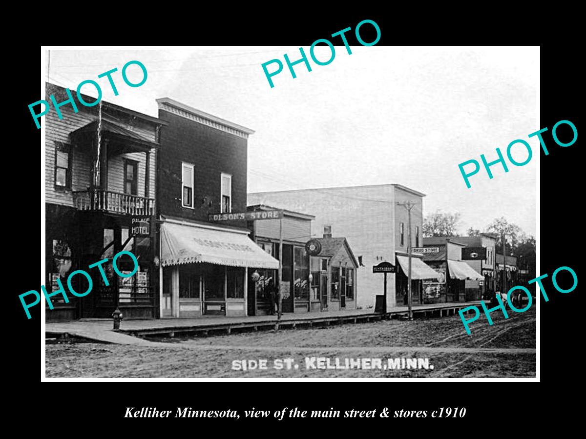 OLD LARGE HISTORIC PHOTO OF KELLIHER MINNESOTA, THE MAIN STREET & STORES c1910