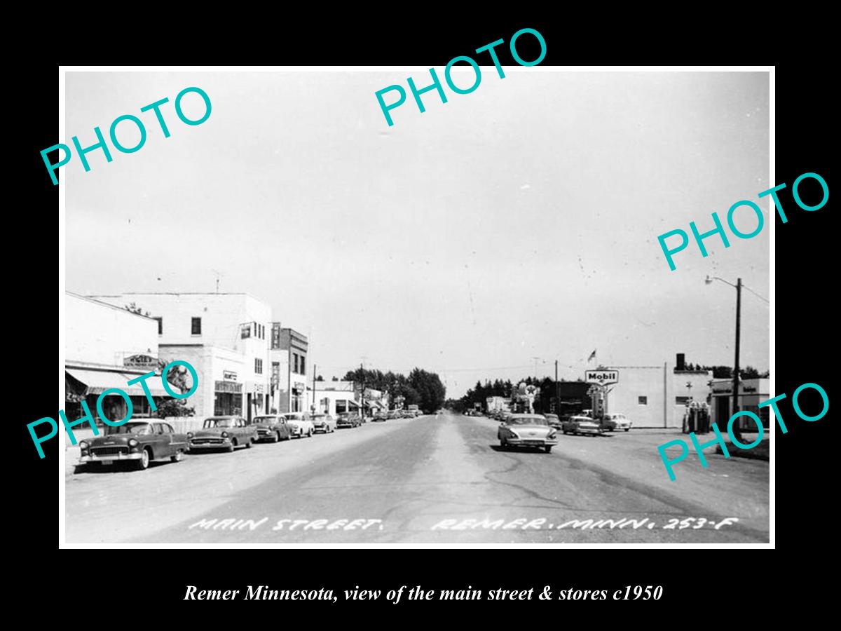 OLD LARGE HISTORIC PHOTO OF REMER MINNESOTA, THE MAIN STREET & STORES c1950