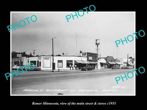 OLD LARGE HISTORIC PHOTO OF REMER MINNESOTA, THE MAIN STREET & STORES c1955