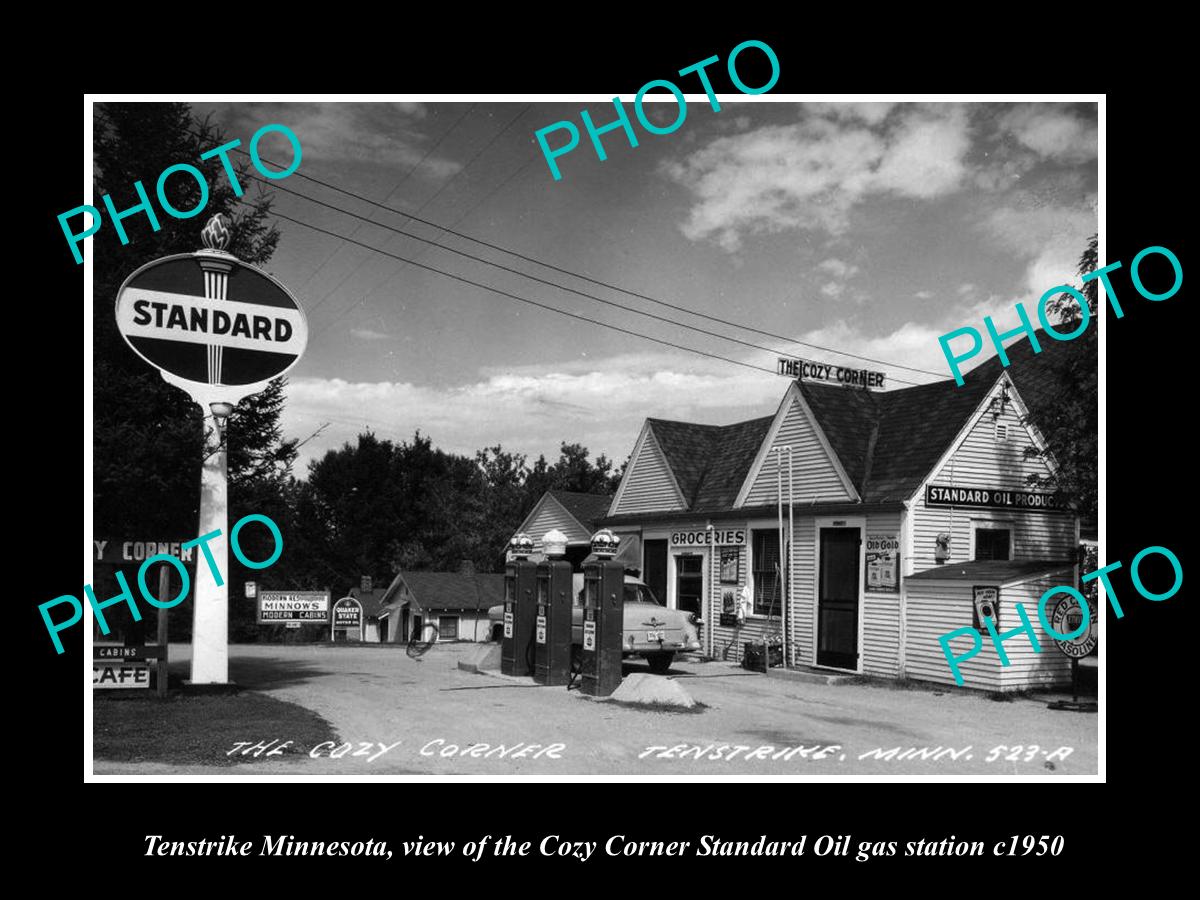 OLD LARGE HISTORIC PHOTO OF TENSTRIKE MINNESOTA, STANDARD OIL GAS STATION c1950