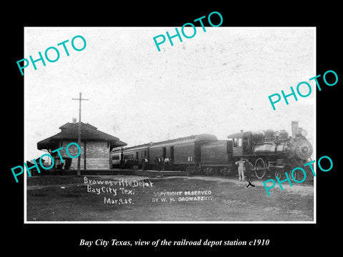 OLD LARGE HISTORIC PHOTO OF BAY CIT TEXAS, THE RAILROAD DEPOT STATION c1910