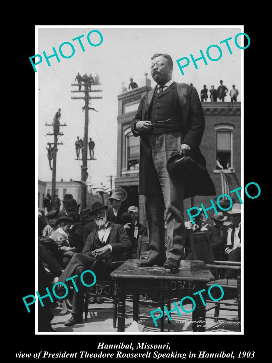 OLD LARGE HISTORIC PHOTO OF HANNIBAL MISSOURI, PRESIDENT ROOSEVELT IN TOWN c1903