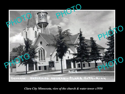 OLD LARGE HISTORIC PHOTO OF CLARA CITY MINNESOTA, THE CHURCH & WATER TOWER c1950