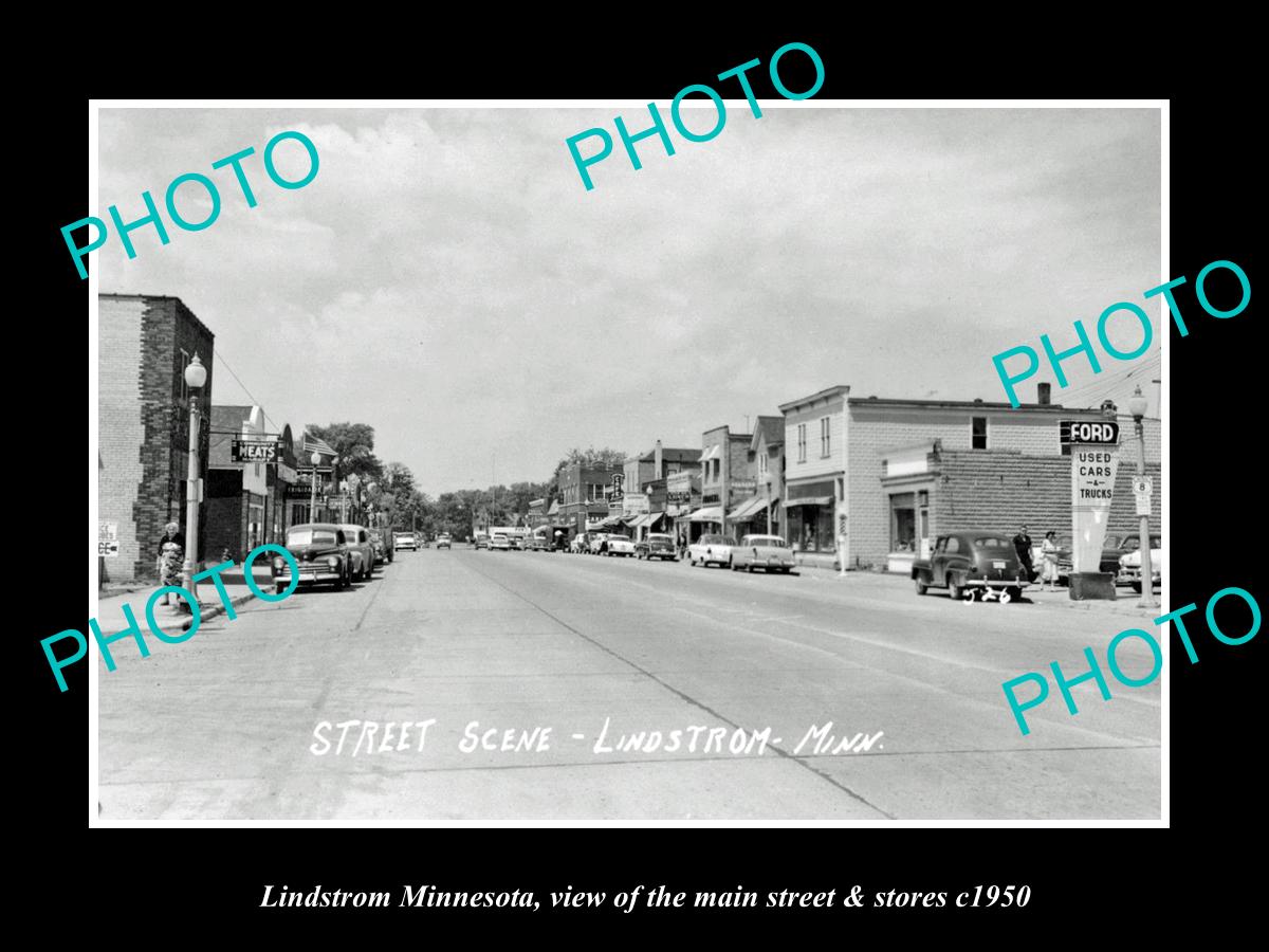 OLD LARGE HISTORIC PHOTO OF LINDSTROM MINNESOTA, THE MAIN STREET & STORES c1950