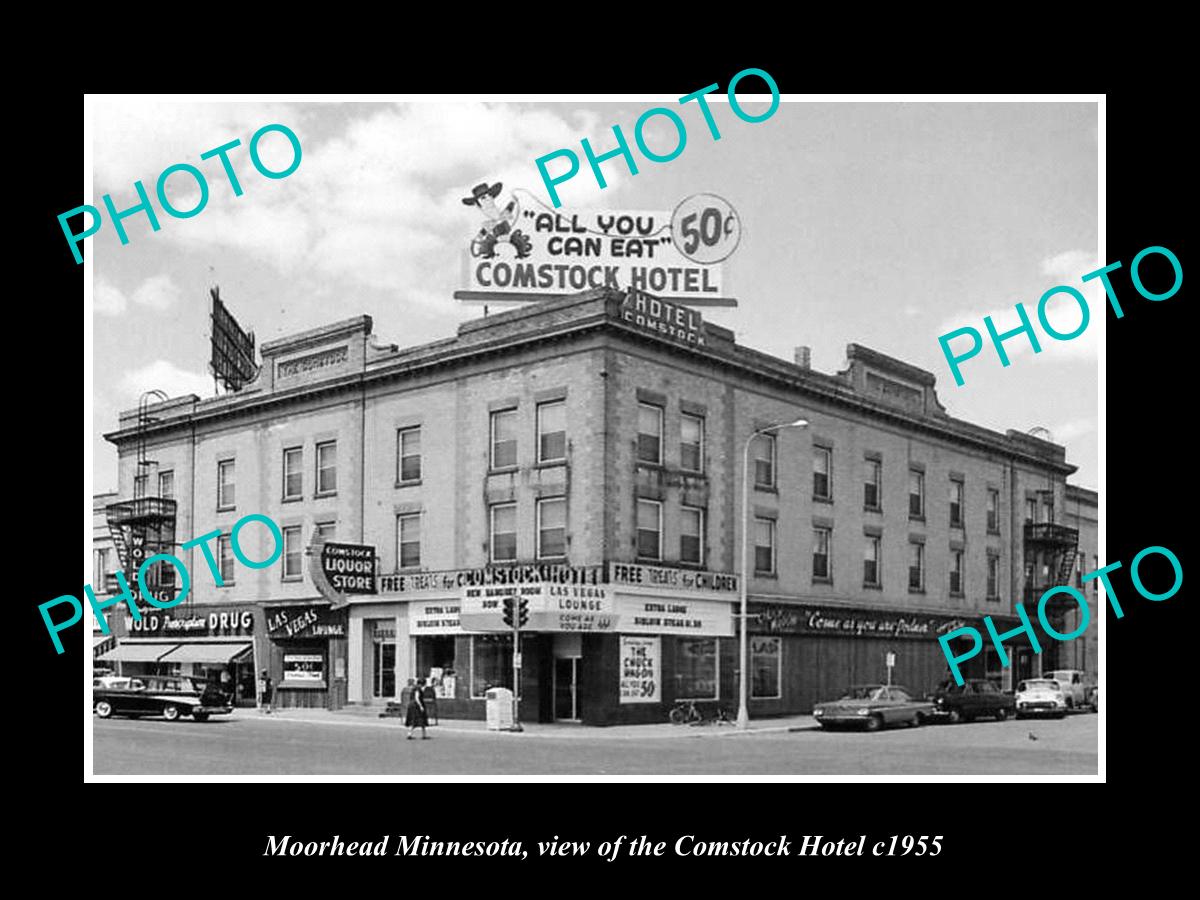 OLD LARGE HISTORIC PHOTO OF MOORHEAD MINNESOTA, VIEW OF THE COMSTOCK HOTEL c1955