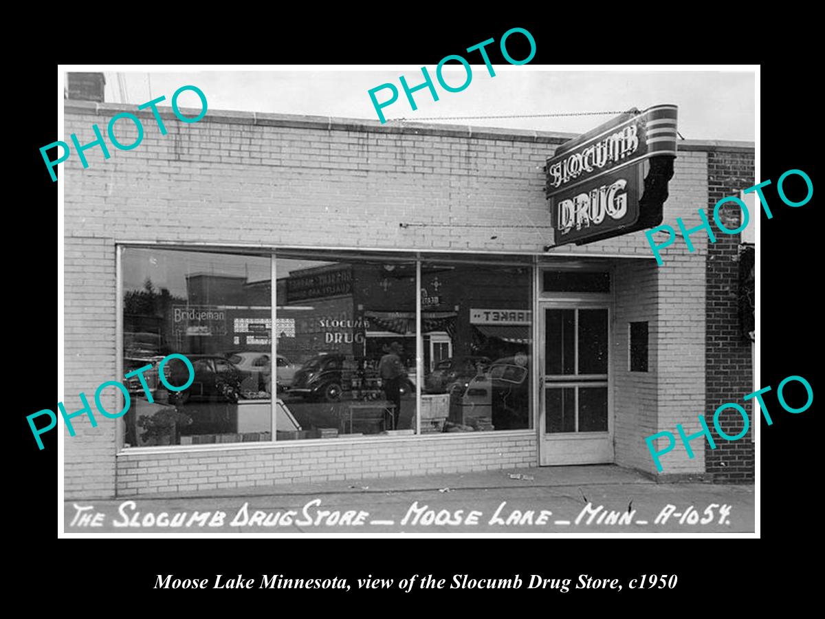 OLD LARGE HISTORIC PHOTO OF MOOSE LAKE MINNESOTA, THE SLOCUMB DRUG STORE c1950